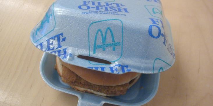 Sandwich in a McDonald's foam clamshell.