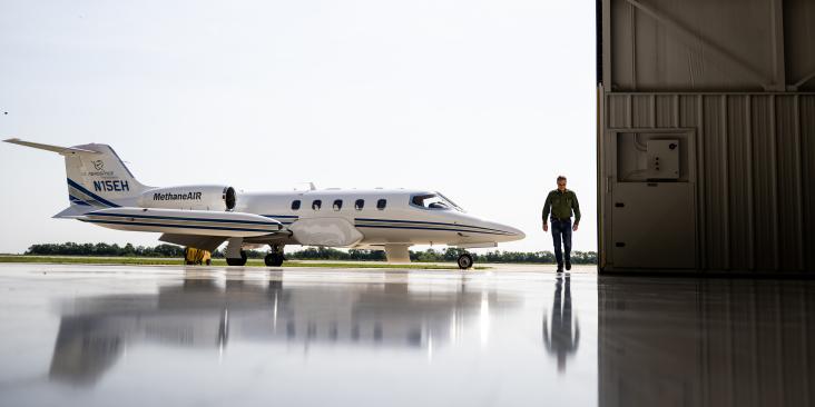 MethaneAIR jet outside a hangar.