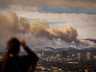 A person watches as plumes of smoke rise from a fire burning hills in an urban area.